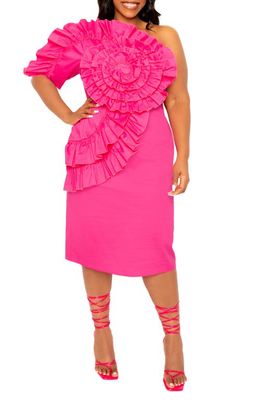 BUXOM COUTURE Floral Ruffle One-Shoulder Sheath Dress in Pink