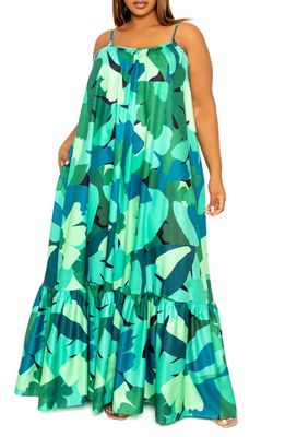 BUXOM COUTURE Floral Voluminous Maxi Dress in Green Multi