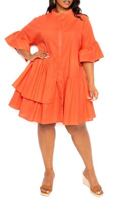 BUXOM COUTURE Flutter Sleeve Cotton & Linen Shift Dress in Apricot