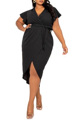 BUXOM COUTURE Flutter Sleeve High-Low Faux Wrap Dress in Black