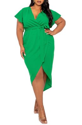 BUXOM COUTURE Flutter Sleeve High-Low Faux Wrap Dress in Green