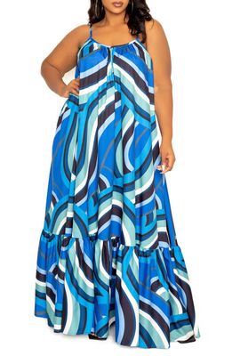 BUXOM COUTURE Geometric Print Maxi Dress in Blue Multi