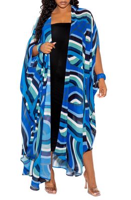 BUXOM COUTURE Geometric Print Open Front Duster in Blue Multi
