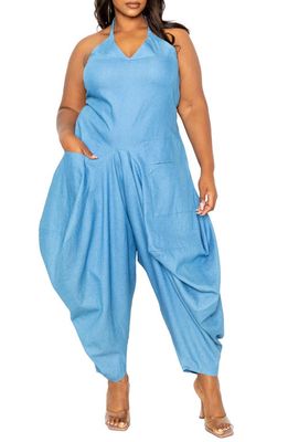 BUXOM COUTURE Halter Neck Denim Jumpsuit in Light Denim