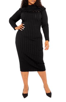 BUXOM COUTURE Knot Detail Long Sleeve Sweater Dress in Black
