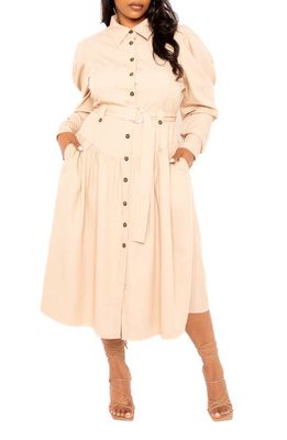 BUXOM COUTURE Long Sleeve Midi Shirtdress in Beige
