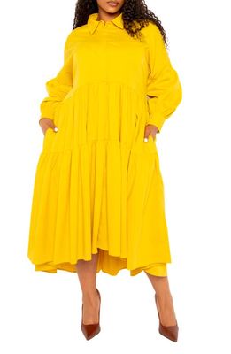 BUXOM COUTURE Long Sleeve Tiered Cotton Blend Shirtdress in Mustard