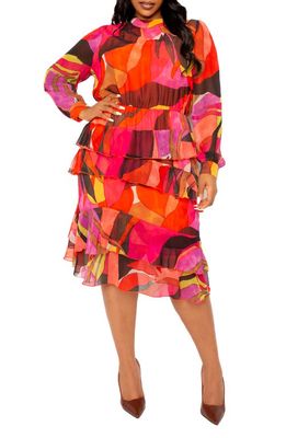 BUXOM COUTURE Long Sleeve Tiered Dress in Multi