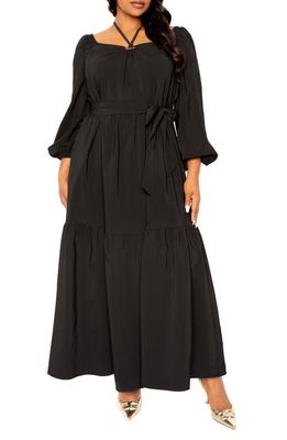 BUXOM COUTURE O-Ring Long Sleeve Tiered Maxi Dress in Black