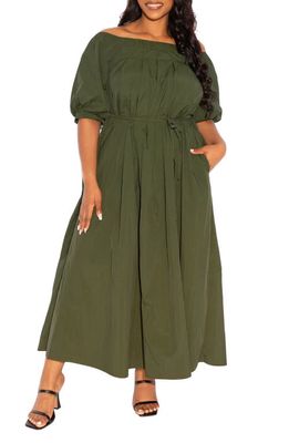 BUXOM COUTURE Off the Shoulder Maxi Dress in Olive