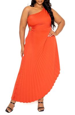 BUXOM COUTURE Pleated One-Shoulder Asymmetric Hem Maxi Dress in Rust