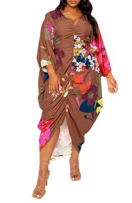 BUXOM COUTURE Print Cinch Waist Caftan Dress in Brown Multi