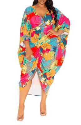 BUXOM COUTURE Print Cinch Waist Caftan Dress in Red Floral