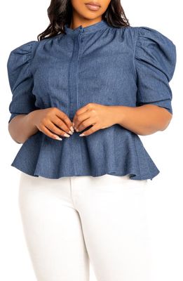 BUXOM COUTURE Puff Sleeve Peplum Denim Shirt in Denim Blue 