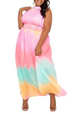 BUXOM COUTURE Rainbow Ombré Pleated Halter Maxi Dress in Pink Multi