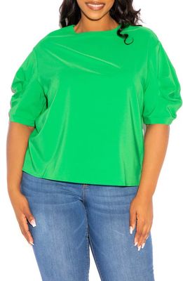 BUXOM COUTURE Ruched Puff Sleeve Blouse in Green