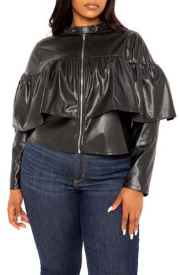 BUXOM COUTURE Ruffle Crop Faux Leather Jacket in Black