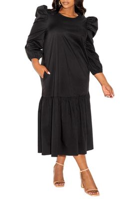 BUXOM COUTURE Ruffle Hem Long Sleeve Maxi Dress in Black