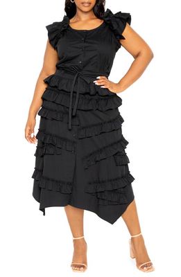 BUXOM COUTURE Ruffle Peplum Top & Tiered Skirt Set in Black