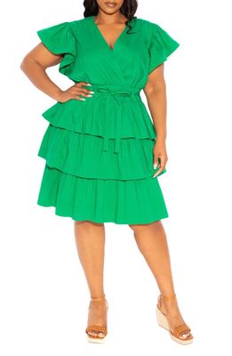 BUXOM COUTURE Ruffle Short Sleeve Tiered Dress in Green