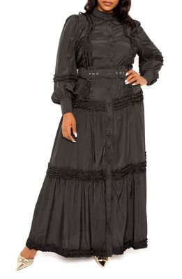 BUXOM COUTURE Ruffled Belted Long Sleeve Maxi Dress in Black