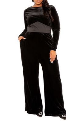 BUXOM COUTURE Satin Inset Long Sleeve Velvet Jumpsuit in Black