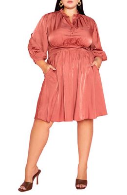 BUXOM COUTURE Smocked Long Sleeve Satin Shirtdress in Marsala