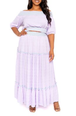 BUXOM COUTURE Smocked Off the Shoulder Puff Sleeve Top & Maxi Skirt Set in Violet