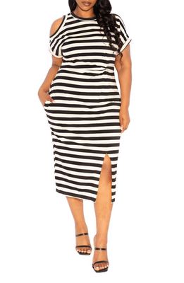 BUXOM COUTURE Stripe Cold Shoulder T-Shirt Dress in Black Stripe