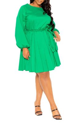 BUXOM COUTURE Tie Belt Long Sleeve A-Line Dress in Green