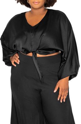 BUXOM COUTURE Tie Front Long Sleeve Satin Blouse in Black