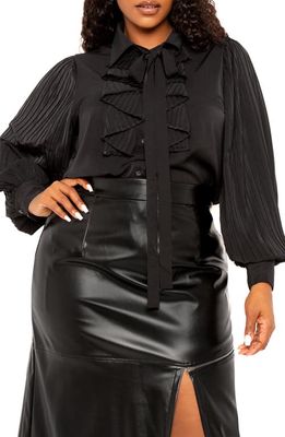 BUXOM COUTURE Tie Neck Pleated Sleeve Top in Black