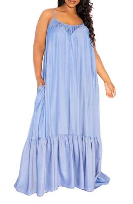BUXOM COUTURE Tiered Chambray Maxi Dress in Denim Blue