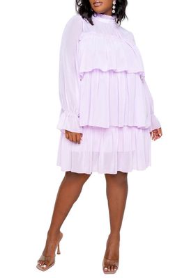 BUXOM COUTURE Tiered Flutter Cuff Long Sleeve Dress in Violet
