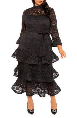 BUXOM COUTURE Tiered Lace Long Sleeve Maxi Dress in Black