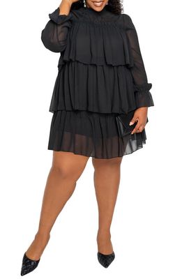 BUXOM COUTURE Tiered Long Sleeve Minidress in Black