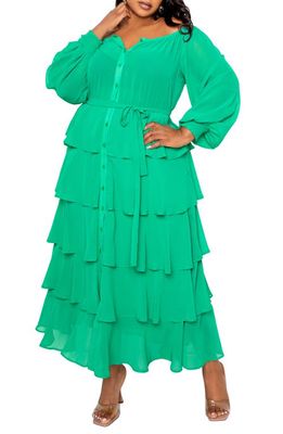 BUXOM COUTURE Tiered Off the Shoulder Long Sleeve Maxi Dress in Green