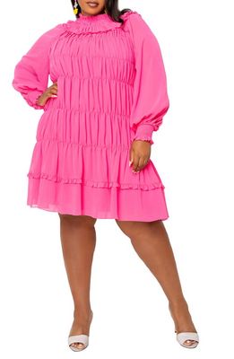 BUXOM COUTURE Tiered Ruched Long Sleeve Dress in Pink