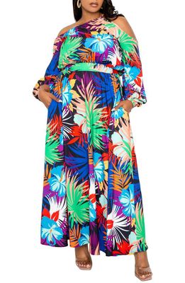 BUXOM COUTURE Tropical Cutout Long Sleeve Maxi Dress in Blue Multi