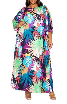 BUXOM COUTURE Tropical Print Maxi Dress in Blue Multi