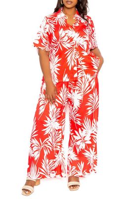 BUXOM COUTURE Tropical Short Sleeve Button-Up Top & Wide Leg Pants Set in Red Floral