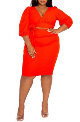 BUXOM COUTURE Wrap Top and Skirt Set in Orange Red