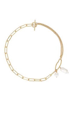 By Adina Eden Pearl And Chain Toggle Necklace in Metallic Gold.