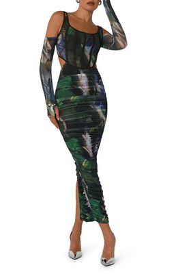 BY. DYLN Aria Abstract Print Cold Shoulder Long Sleeve Mesh Dress in Green Print