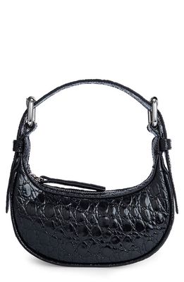 By Far Mini Soho Croc Embossed Leather Shoulder Bag in Black