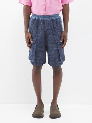 By Walid - 19th-century Patchwork Linen And Silk Shorts - Mens - Marine