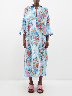 By Walid - Bibi Day Of The Dead Linen Midi Dress - Womens - Blue