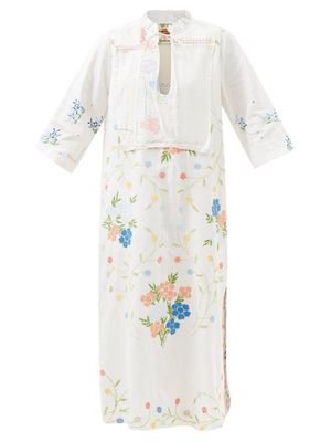 By Walid - Lee Vintage Patchwork Linen Midi Dress - Womens - White Multi