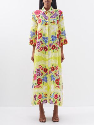 By Walid - Titi Day Of The Dead Linen Shirt Dress - Womens - Yellow