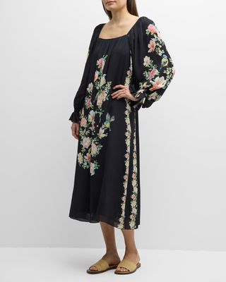 Byrdie Floral-Print Blouson-Sleeve Midi Dress